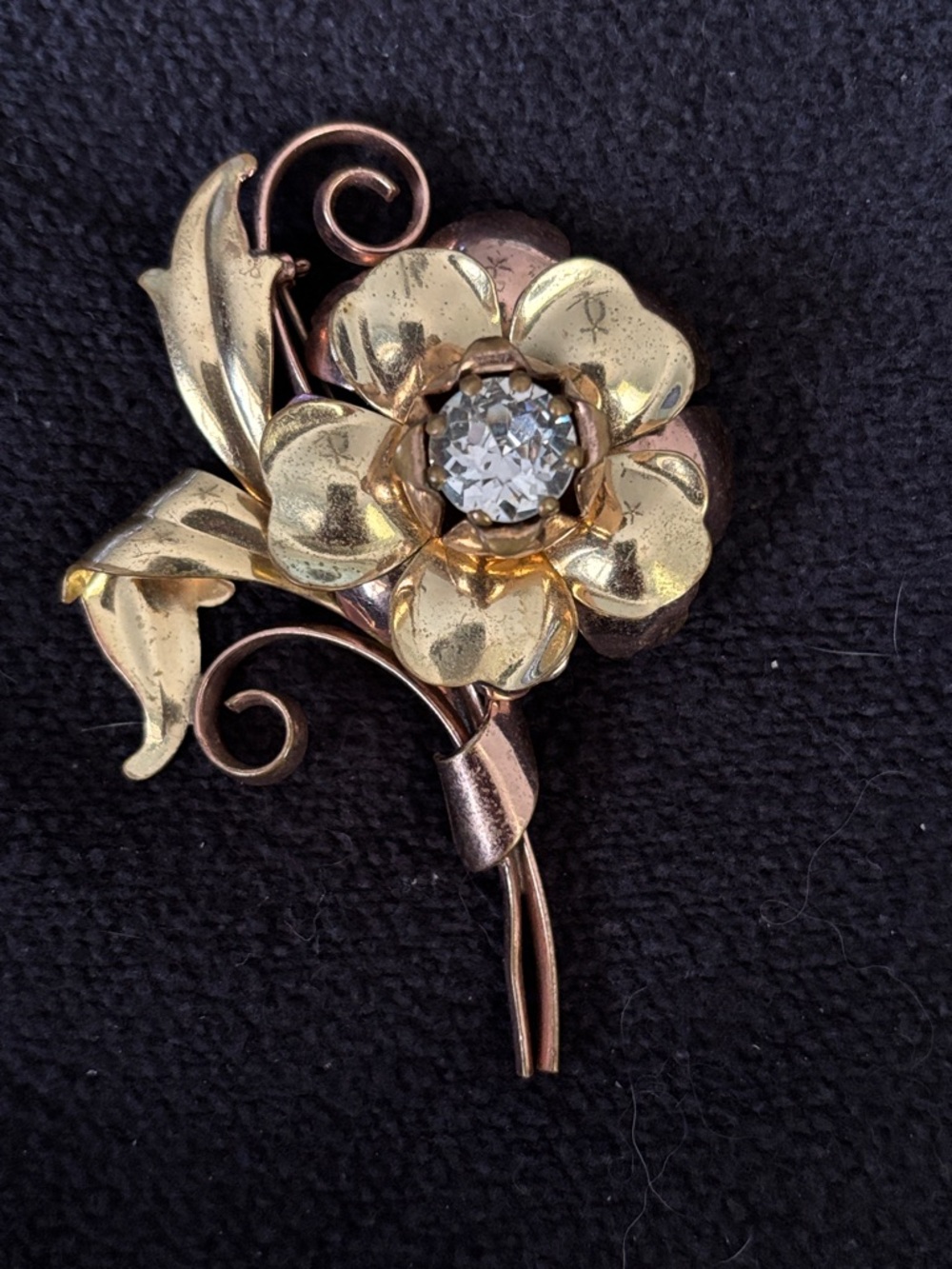 Vintage Gold-Tone and Copper Floral Pin Brooch with Center Crystal